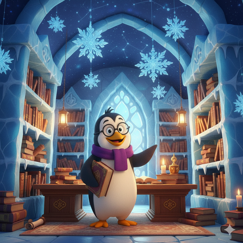 Pancracio, su sobrino y la foca en la biblioteca de Pingüinópolis